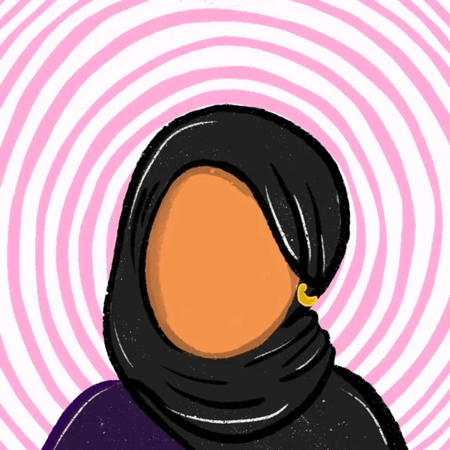 Illustration of a faceless figure in a black hijab against pink spirals